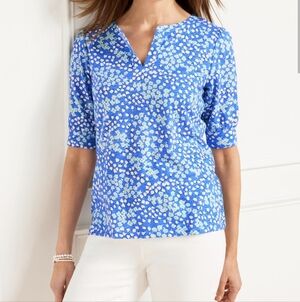 Talbots Cotton Modal Split Neck Puff Sleeve Floral Tee sz 3X Feminine Chic Coast